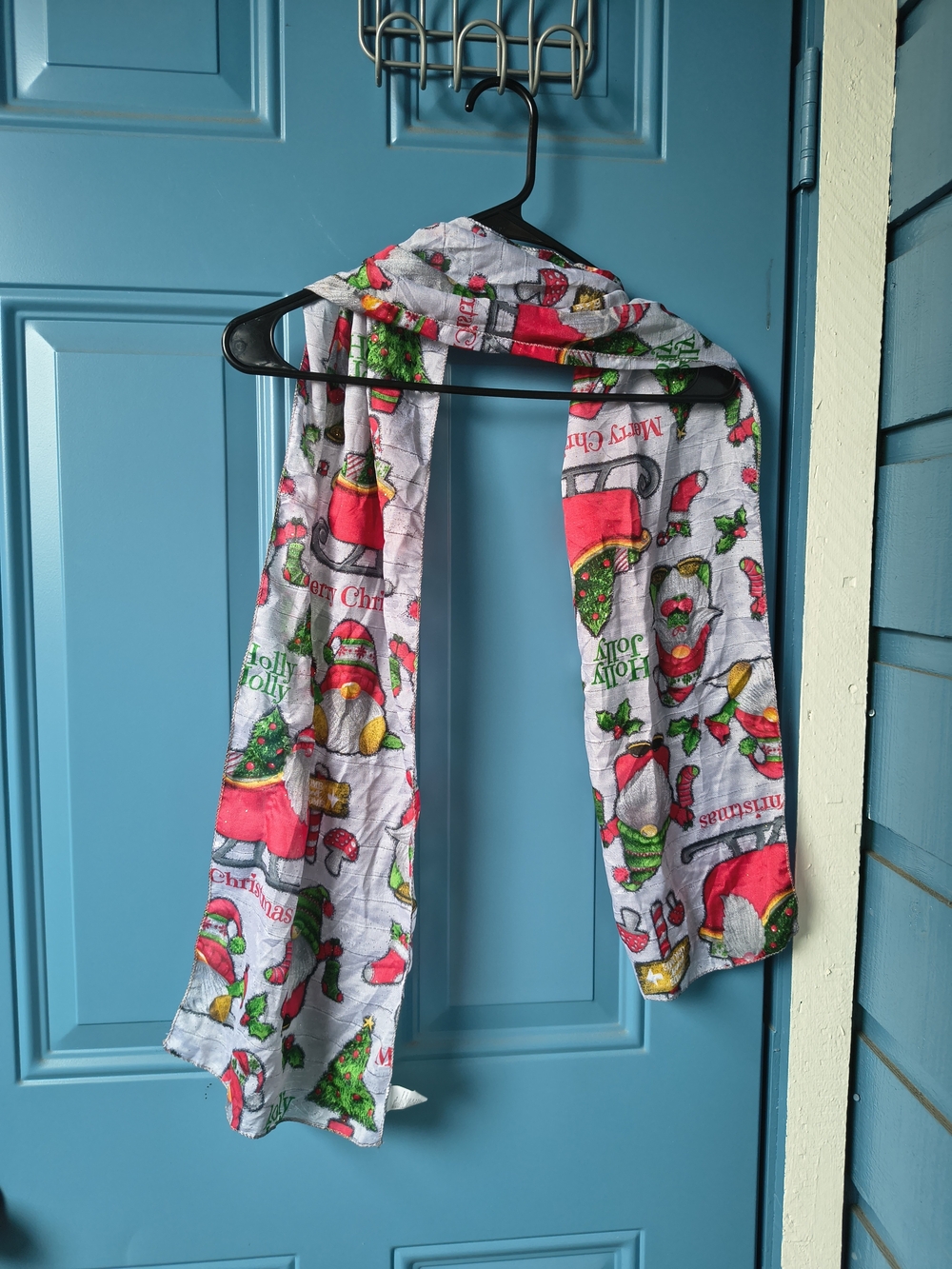 Festive Christmas Gnome Lightweight Holiday Scarf - White with Red & Green